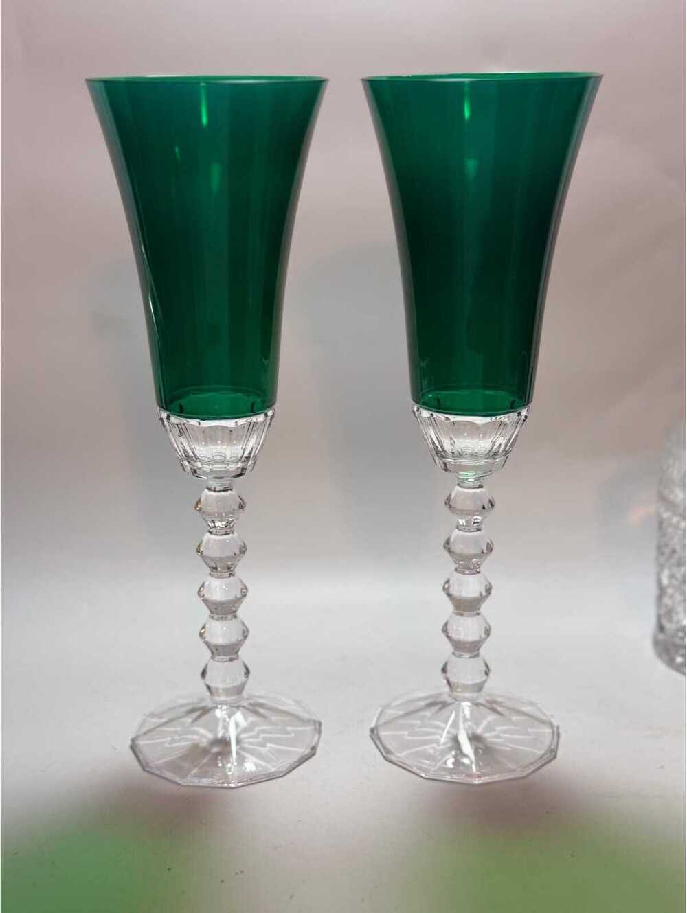 Rare Pair of Mikasa “Gemstone (Coloured)” Emerald Green Crystal Champagne Flutes